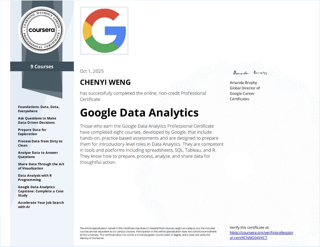 Coursera Certificate - Google Data Analytics