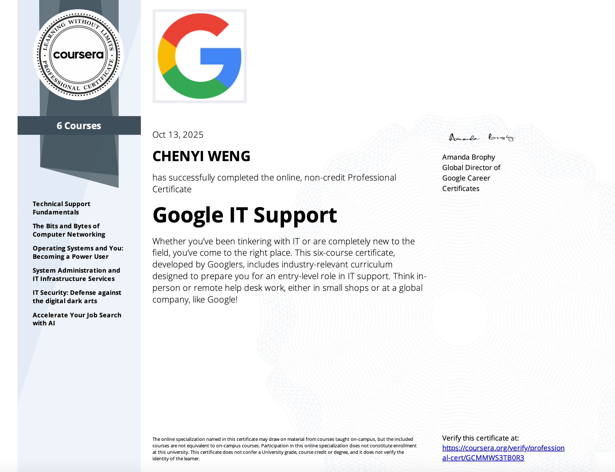 Coursera Certificate - Google IT Support