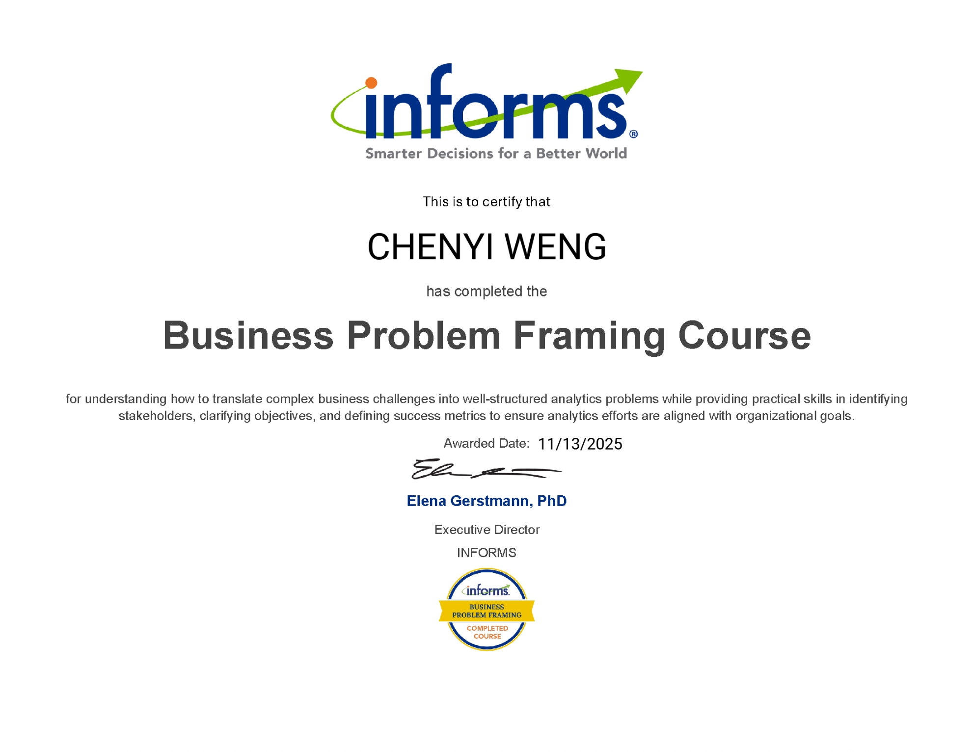 INFORMS Certificate - Business Problem Framing Course