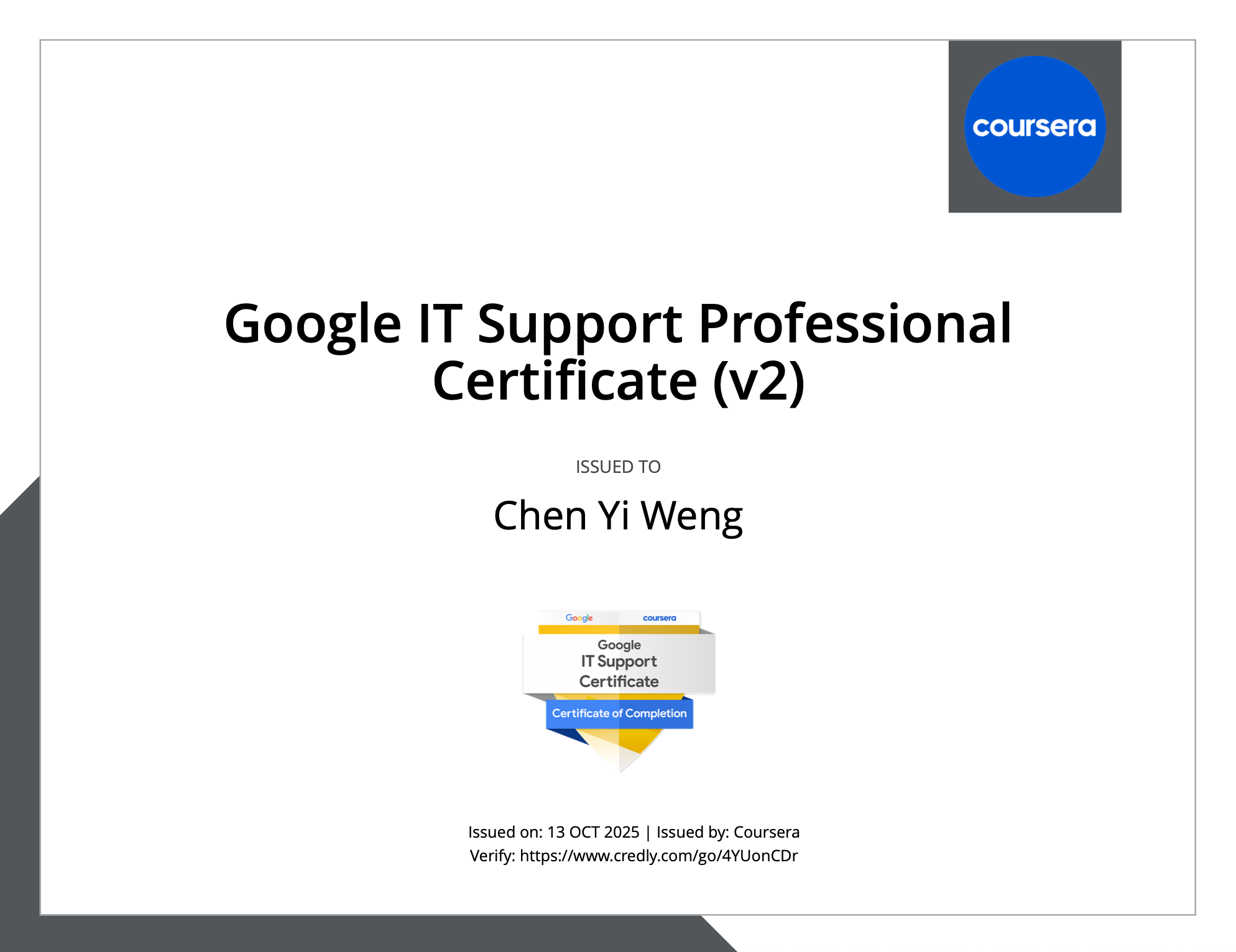 Coursera Certificate - Google IT Support Professional Certificate (V2)